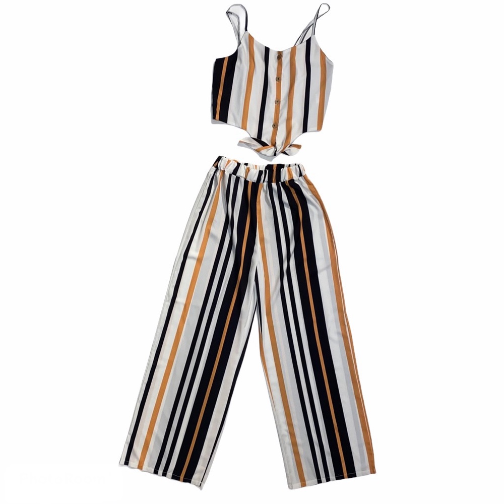 Striped Crop Top Pant Set | M | Yellow/Black/White
